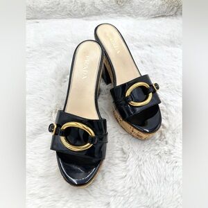 PRADA Black‎ Patent Leather Buckle Cork Platform Slide Sandals 38 US 8
